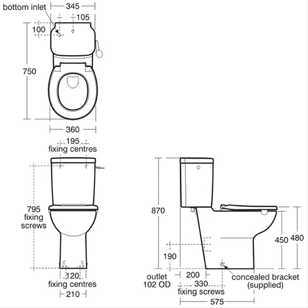 Armitage Shanks Contour 21 Raised Height Close Coupled Toilet Pan – Technical Drawing