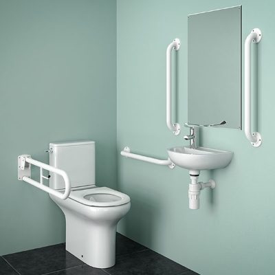 SanCeram close coupled Doc M WC pack for commercial disabled toilets with mixer tap, grab rail set