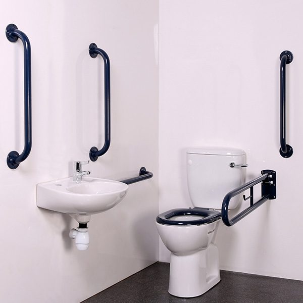 SanCeram Essentials Doc M WC Pack - close coupled toilet, wash basin and mixer tap, grab rail set
