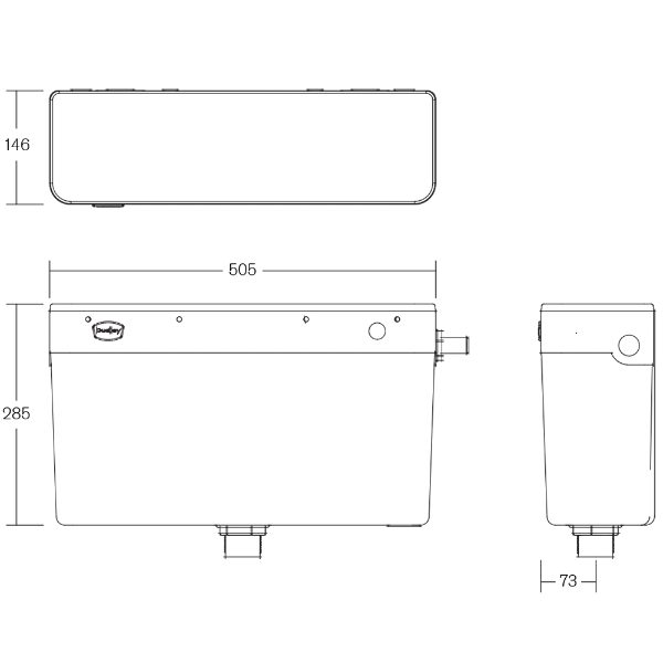 Tyde Mirage dual flush concealed cistern with Lever, Technical drawing