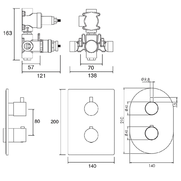 Kaha concealed mixer valve for 2 outlets, ABS concealing plate – KAHA2DA Technical Drawing