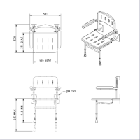 Wall Mounted Shower Seat with Back, Arms and Legs - Padded Technical Drawing