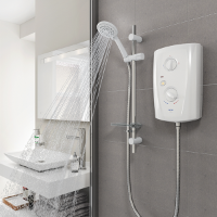 T80 pro fit electric shower featuring Pro-Fit shower riser rail & rub-clean shower head with 5 spray pattern