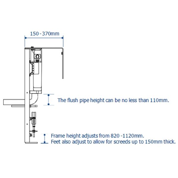 Wall hung toilet frame & cistern with dual flush & square button –  Technical Drawing with flush pipe height & frame height