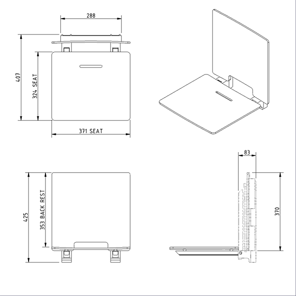 Removable Contemporary Slimline Shower Seat Technical Drawing