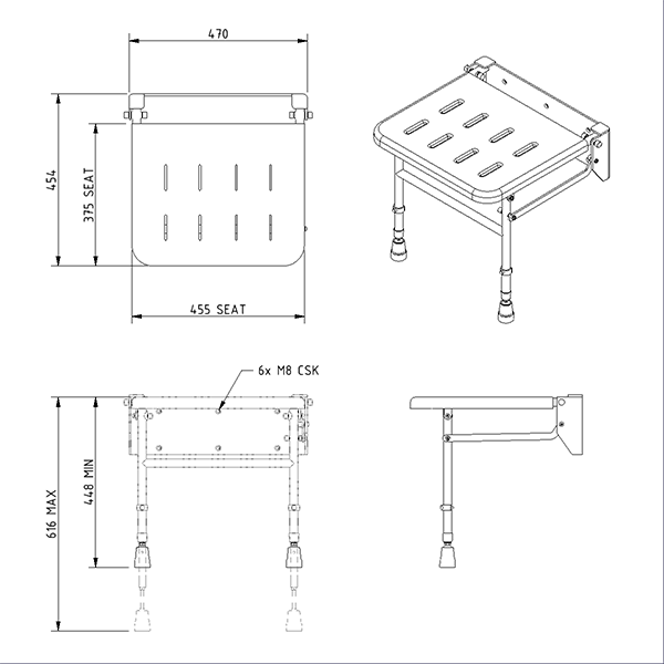 Wall Mounted Shower Seat with Legs - Padded Technical Drawing